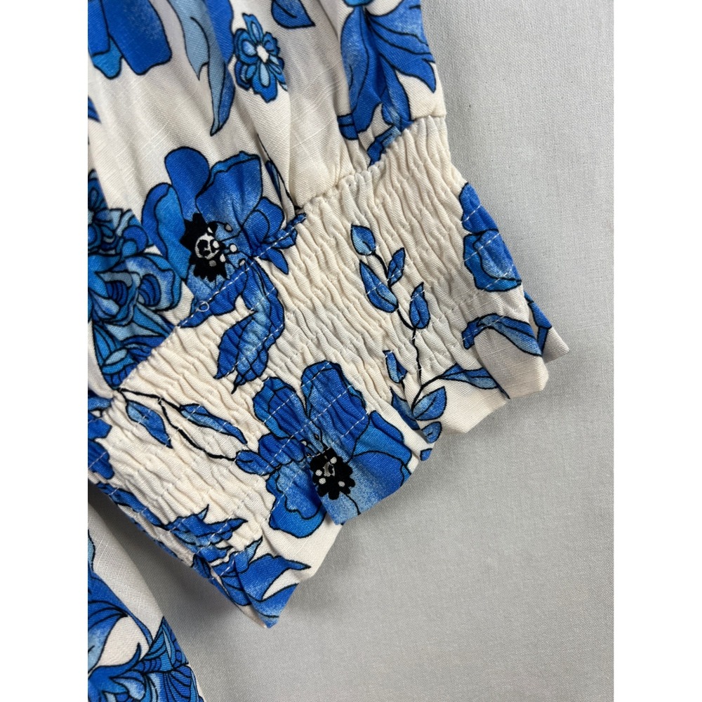 THML Floral Blouse Womens Small Blue White Ruffle Mock Neck Smocked Short Sleeve - Picture 7 of 9